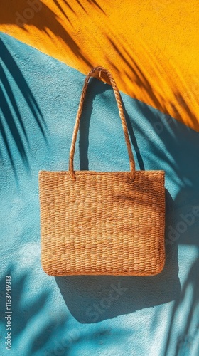 Woven straw bag hanging against a vibrant blue and yellow backdrop under sunl...