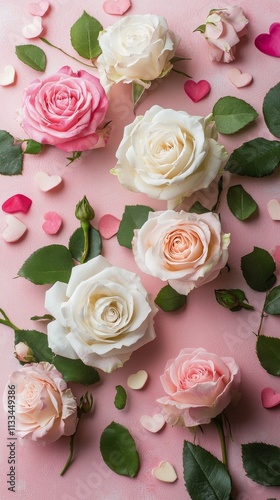 Colorful roses with heart shapes arranged beautifully on a pink background