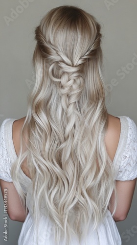 Beautiful golden blonde hair with soft waves cascading down in natural shine ...