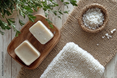 Natural soaps and sea salt arranged on a textured table with greenery in a sp...