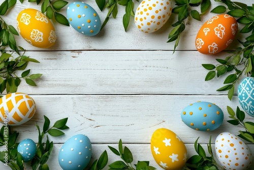 Colorful Easter eggs arranged with fresh leaves on a wooden surface during sp...