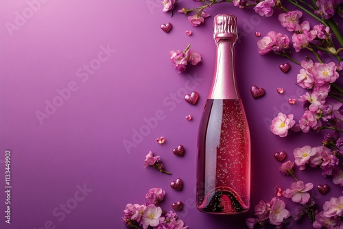 Celebration decor with sparkling beverage and flowers on a purple background