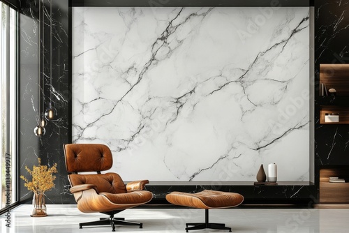 Elegant brown chair in modern living room with marble wall design