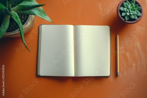Open blank notebook and pencil on orange table with plants in bright setting