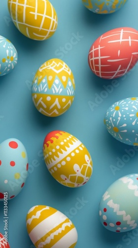 Colorful Easter eggs arranged on a blue background for spring celebrations