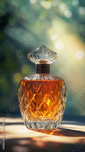 Elegant glass perfume bottle filled with amber liquid against a soft, sunlit ...