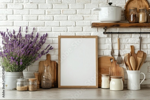 Lavender flowers and wooden kitchen decor create a cozy atmosphere for culina...