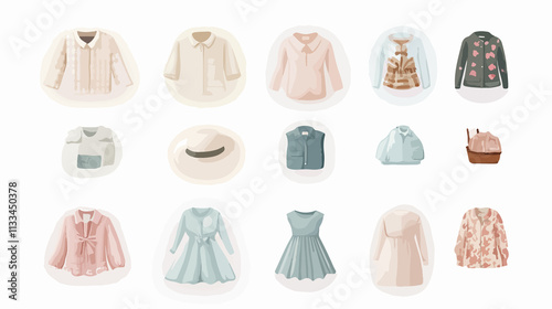 Collection of 12 clothing item icons in soft pastel colors on transparent background for designs