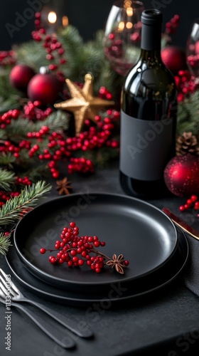 Elegant holiday table setting with red berries and wine in festive decor