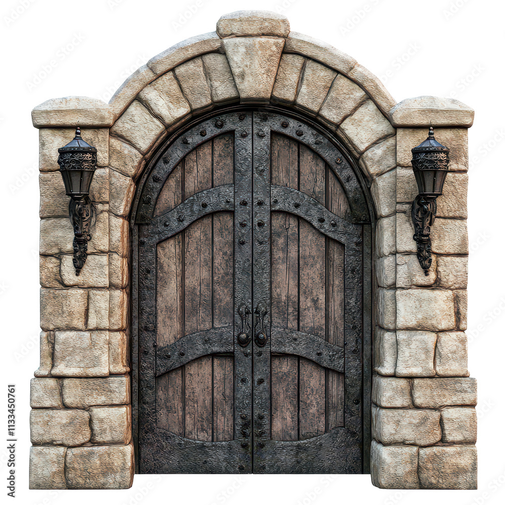 Fototapeta premium An impressive stone gate with detailed workmanship standing alone against a transparent background, Beautiful stone gate on aisolated on transparent background