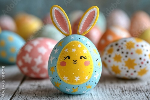 Colorful Easter egg with bunny ears and smiling face among decorated eggs