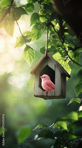 Colorful bird perched inside a wooden birdhouse surrounded by green leaves du...