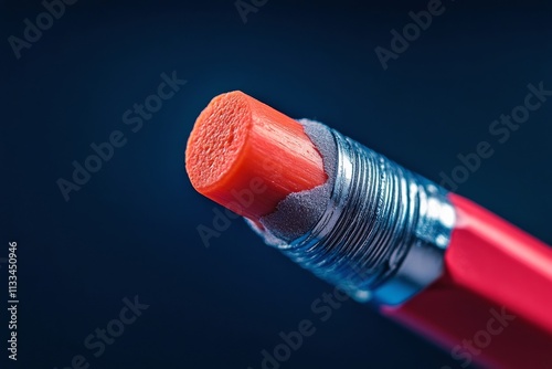 Close view of a red pencil eraser resting against a dark background