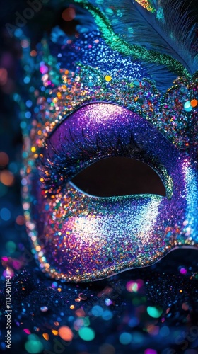 A beautifully crafted masquerade mask featuring vibrant colors, glitter, and ...