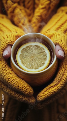 Warm lemon tea held in two hands wearing a cozy yellow sweater