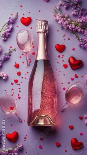 Pink sparkling drink surrounded by flowers and hearts for a romantic celebration