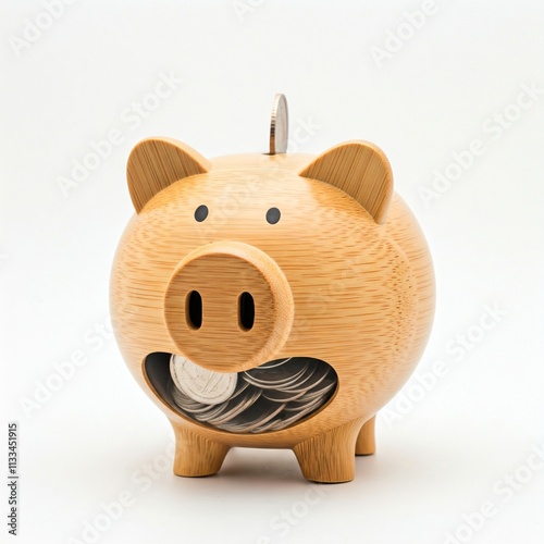 Pink piggy bank on wooden table, overflowing coins, clean white wall background. A pink piggy bank overflowing with coins is placed on a wooden table, against a white wall background. photo