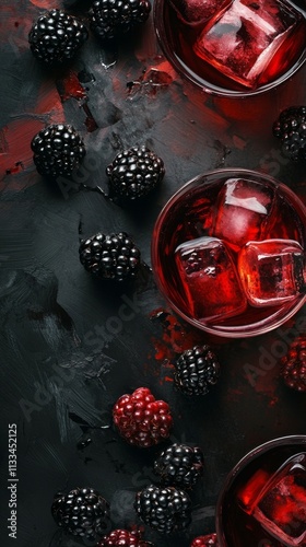 Refreshing cocktails with blackberries and ice served on a dark surface