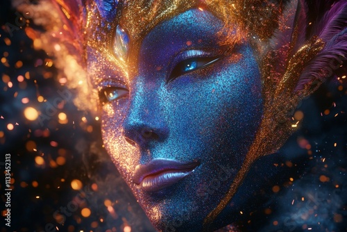Mysterious figure adorned in a shimmering purple mask during a festive celebr...