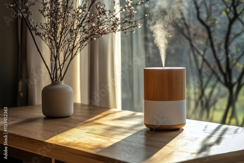 Modern aromatherapy diffuser on a wooden table in a sunlit contemporary room