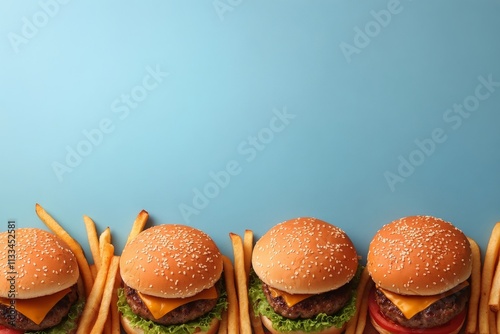 Delicious burgers arranged with crispy fries on a vibrant blue background