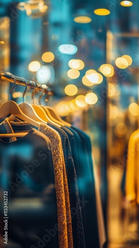 Stylish clothes displayed in a shop window during evening hours in the city