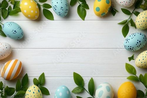 Colorful Easter eggs arranged with fresh leaves on a wooden surface during sp...