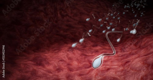 The sperm is directed towards the egg. To do human mating. A pre-fertilization model between an egg and a sperm. 3D Rendering