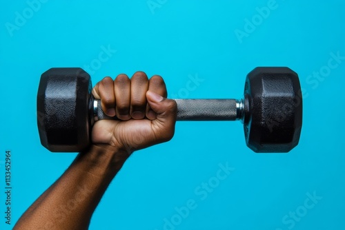 Strong hand holds black dumbbell against bright blue background for fitness m...