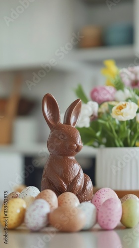 Chocolate bunny surrounded by colorful eggs and flowers on a festive table