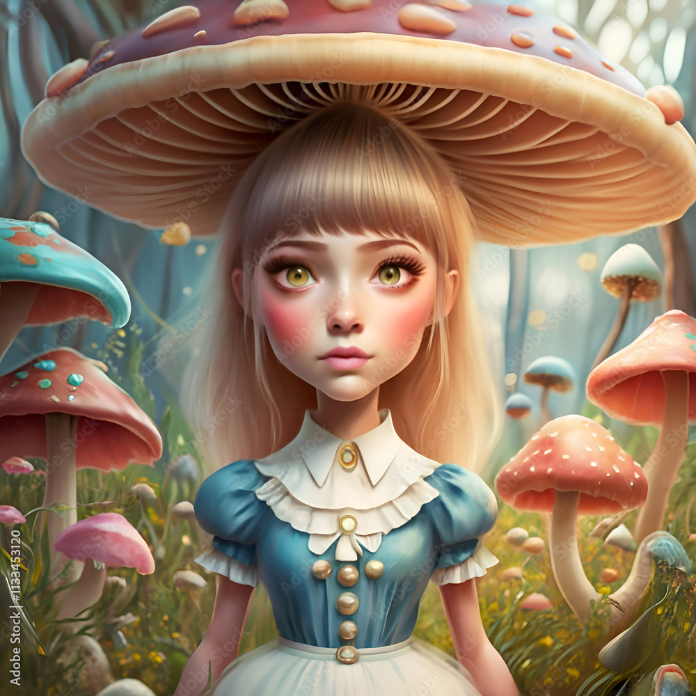 Alice in the wonderland forest aroound mushrooms. close up. Ai generated