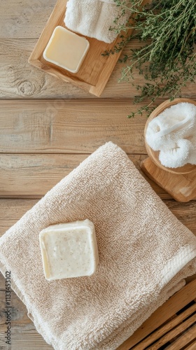 Spa setting with natural soap and soft towels on wooden surface