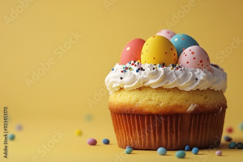 Colorful Easter cake with decorative eggs and sprinkles on a plain background