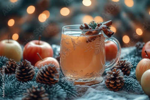 Warm spiced drink with apples and pinecones during a cozy winter gathering