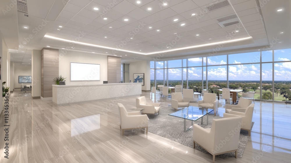 Fototapeta premium Bright and Open Space: A well-lit meeting area with floor-to-ceiling windows and a blank white frame mounted on a polished wall.