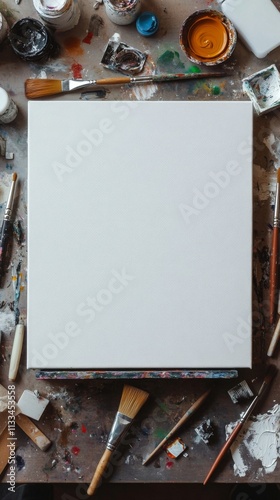 Empty canvas surrounded by art supplies ready for creation on a bright workspace