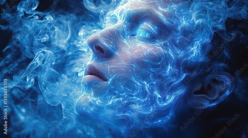Obraz premium Glowing blue smoke envelops a man's face, creating a surreal, ethereal effect.