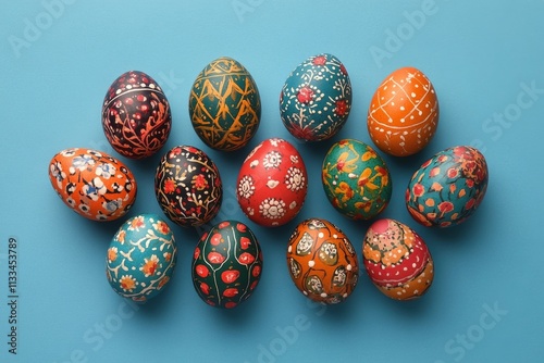 Colorful decorated eggs displayed on a blue background showcasing traditional...