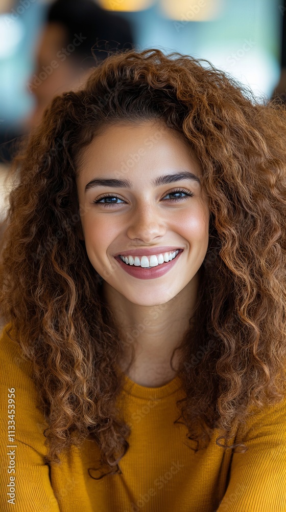 Fototapeta premium Smiling young woman with curly hair, radiating joy in a warm, inviting atmosphere.