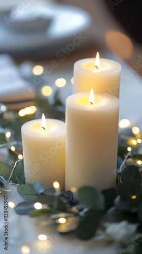 Elegantly arranged candles surrounded by festive greenery and soft lights for...