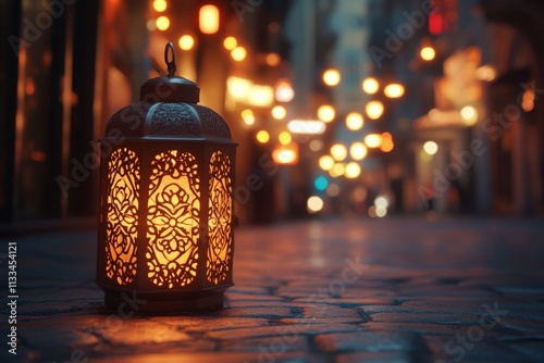 Street lantern illuminating a city sidewalk during dusk time with blurred cit...