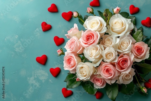 Beautiful bouquet of roses arranged with red hearts for a romantic occasion