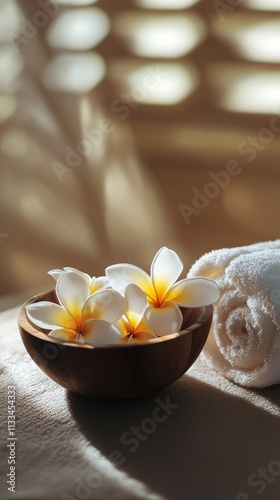 Spa setting with tropical flowers in wooden bowl and soft towels for relaxation