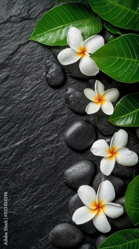 Elegant tropical flowers and smooth stones create a tranquil spa atmosphere