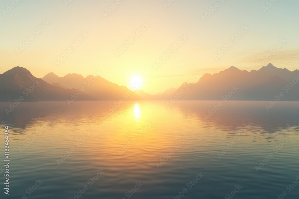 Fototapeta premium Serene sunset over calm lake, majestic mountains silhouetted against golden sky.