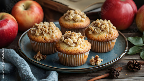Delicious apple crumble muffins sitting on rustic wooden table