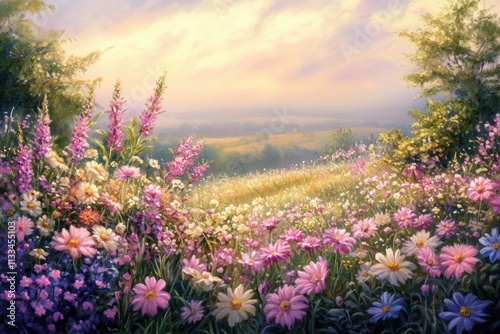 Vibrant wildflowers bloom in a picturesque landscape under a soft, sunset sky.
