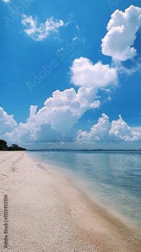 Serene tropical beach with clear water and vivid clouds in the background und...