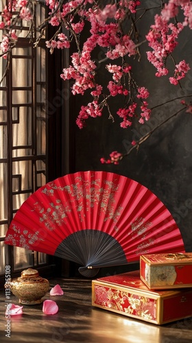 Beautiful red fan and decorative boxes in a traditional setting with cherry b...