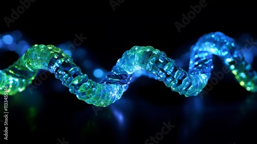 A long, twisted, green and blue strand of lighted glass beads. The beads are illuminated and appear to be glowing